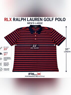 RLX Ralph Lauren Golf Polo Shirt Mens Large Navy Red Striped Performance Stretch